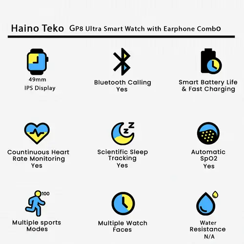 Haino Teko GP8 Ultra Smart Watch with Bluetooth Wireless Earphone Combo