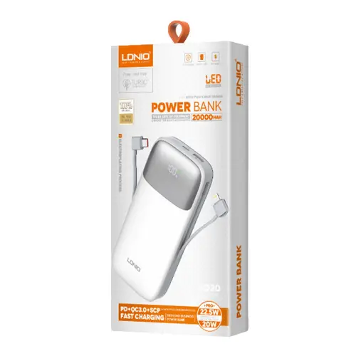 LDNIO 20000mAh Power Bank With Built in USB-C and Lightning Cables (PQ20)