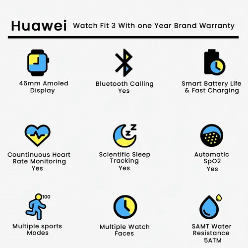 Huawei Watch Fit 3 With one Year Brand Warranty