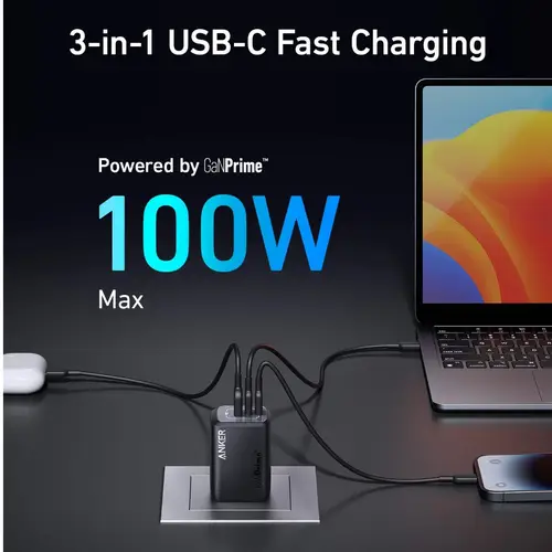 Anker Prime 100W USB-C GaN Charger 3-Ports 2 Pin US (A2688141)