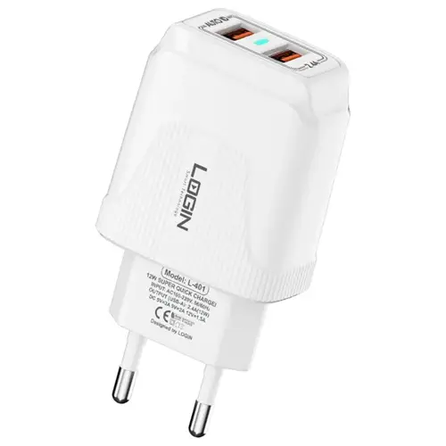 Login L-401 2.4A 2 USB Port Charger With Micro Cable