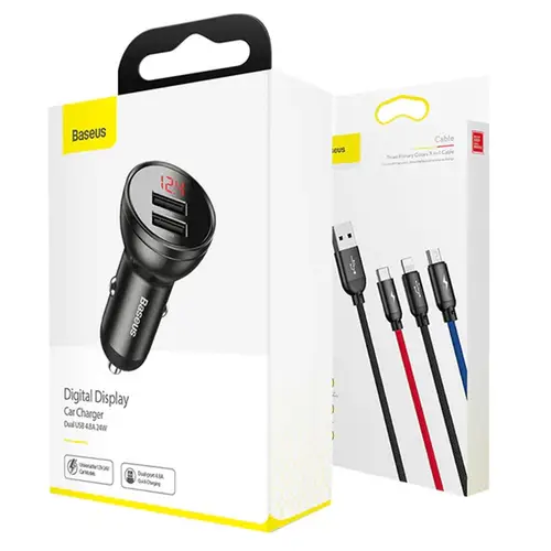 Baseus Digital Display Dual USB 4.8A Car Charger 24W With 3-in-1 Data Cable