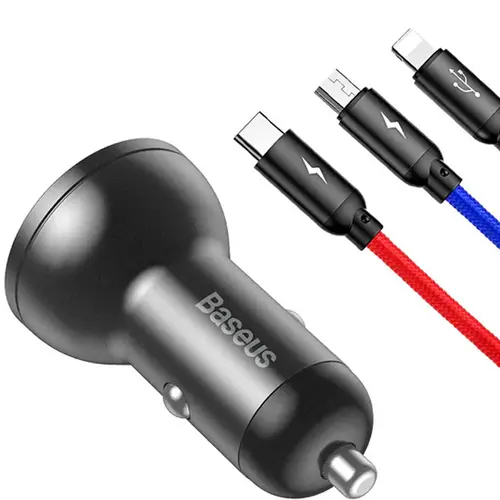 Baseus Digital Display Dual USB 4.8A Car Charger 24W With 3-in-1 Data Cable