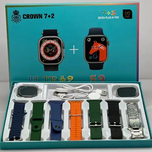 7 in 2 Crown Smart Watch with 7 Straps, 2 Watches (S9  Ultra 2), Wireless Charger