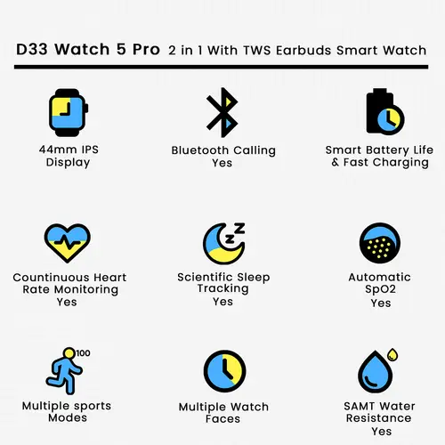 D33 Watch 5 Pro 2 in 1 With TWS Earbuds Smart Watch 2 D33 Watch 5 Pro 2 in 1 With TWS Earbuds Smart Watch