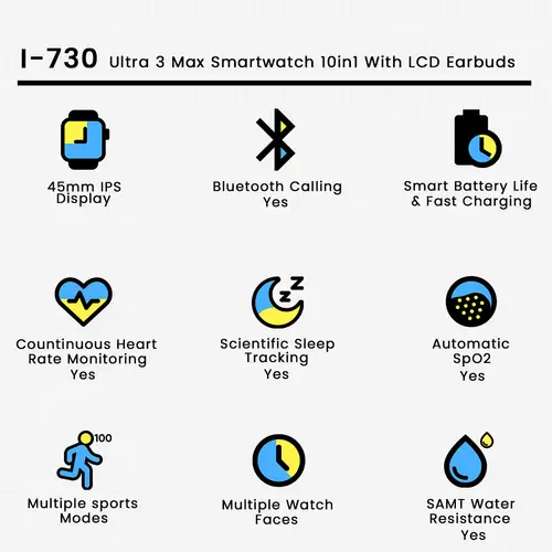 I-730 Ultra 3 Max Smartwatch 10in1 With LCD Earbuds 2 I-730 Ultra 3 Max Smartwatch 10in1 With LCD Earbuds